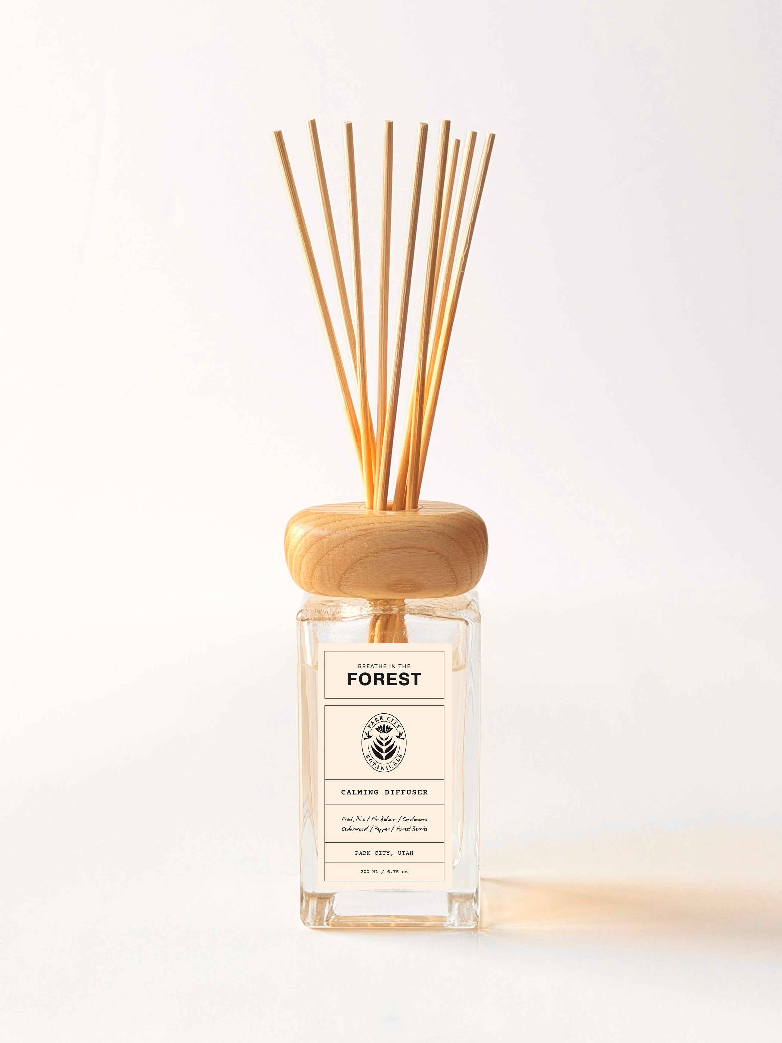 Reed diffuser with wooden sticks and a clear bottle labeled 'Forest' on a white background
