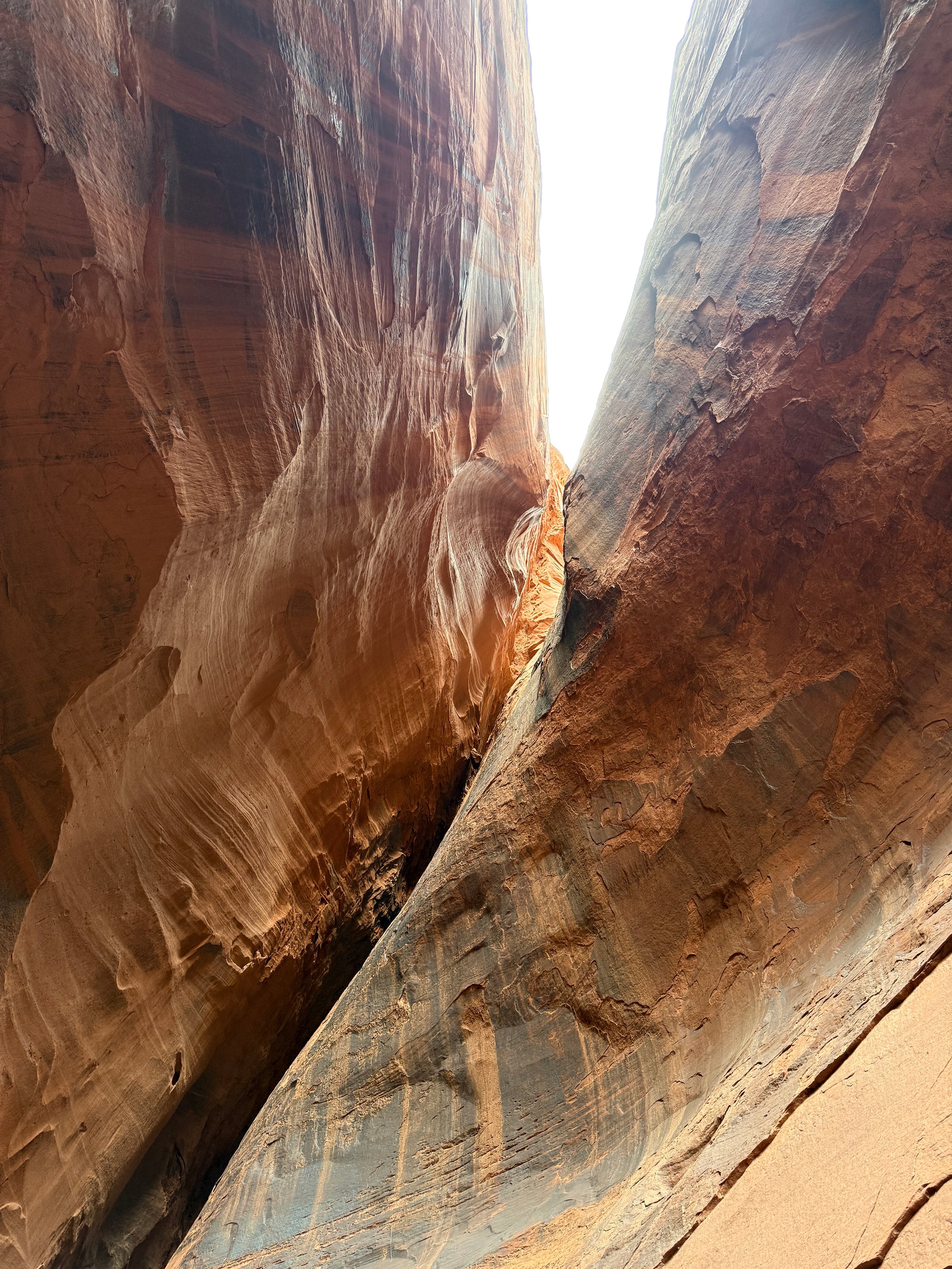Person climbing through a narrow rock crevice in a desert landscape