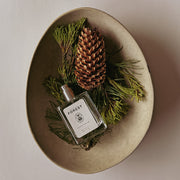 Perfume bottle labeled 'Forest' with pine cones and branches on a beige plate.