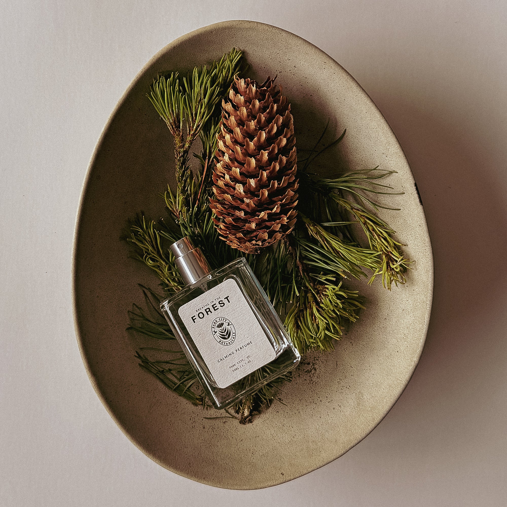 Perfume bottle labeled 'Forest' with pine cones and branches on a beige plate.