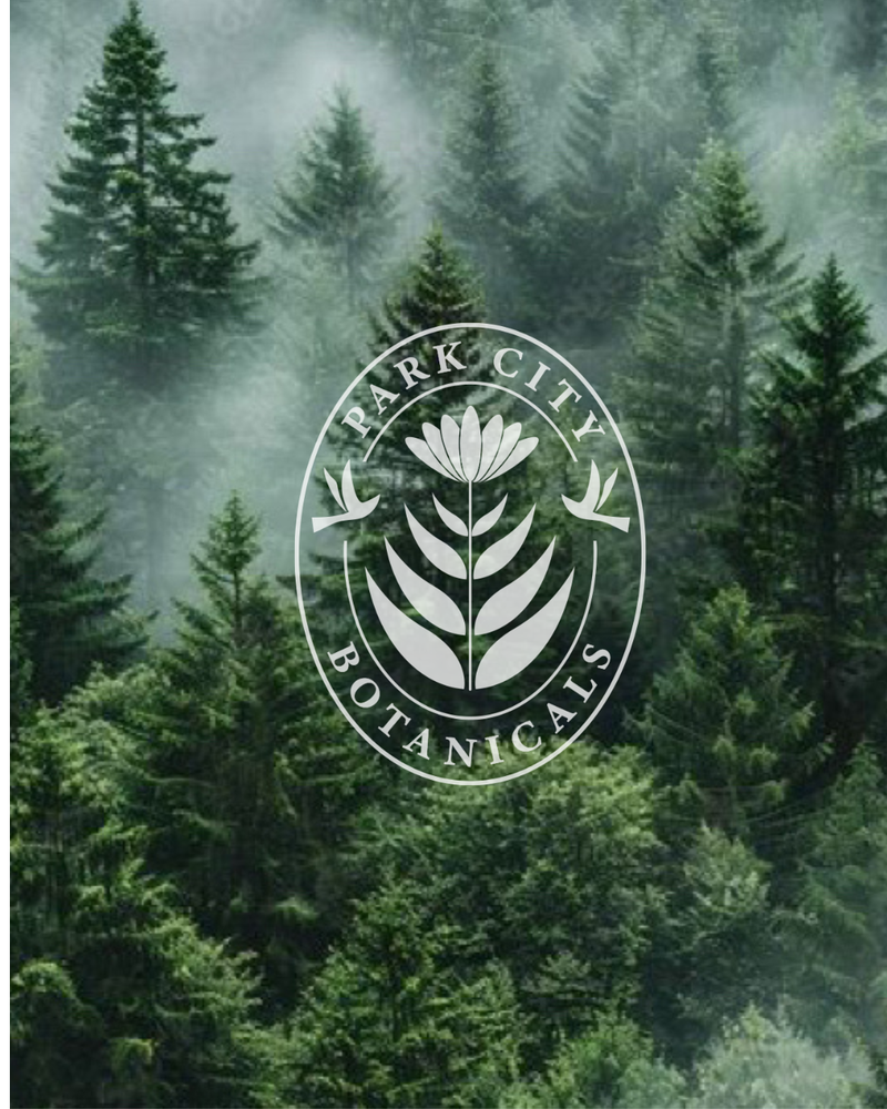 Forest scene with 'Park City Botanicals' logo overlay